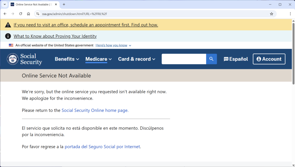SSA Gov is Down